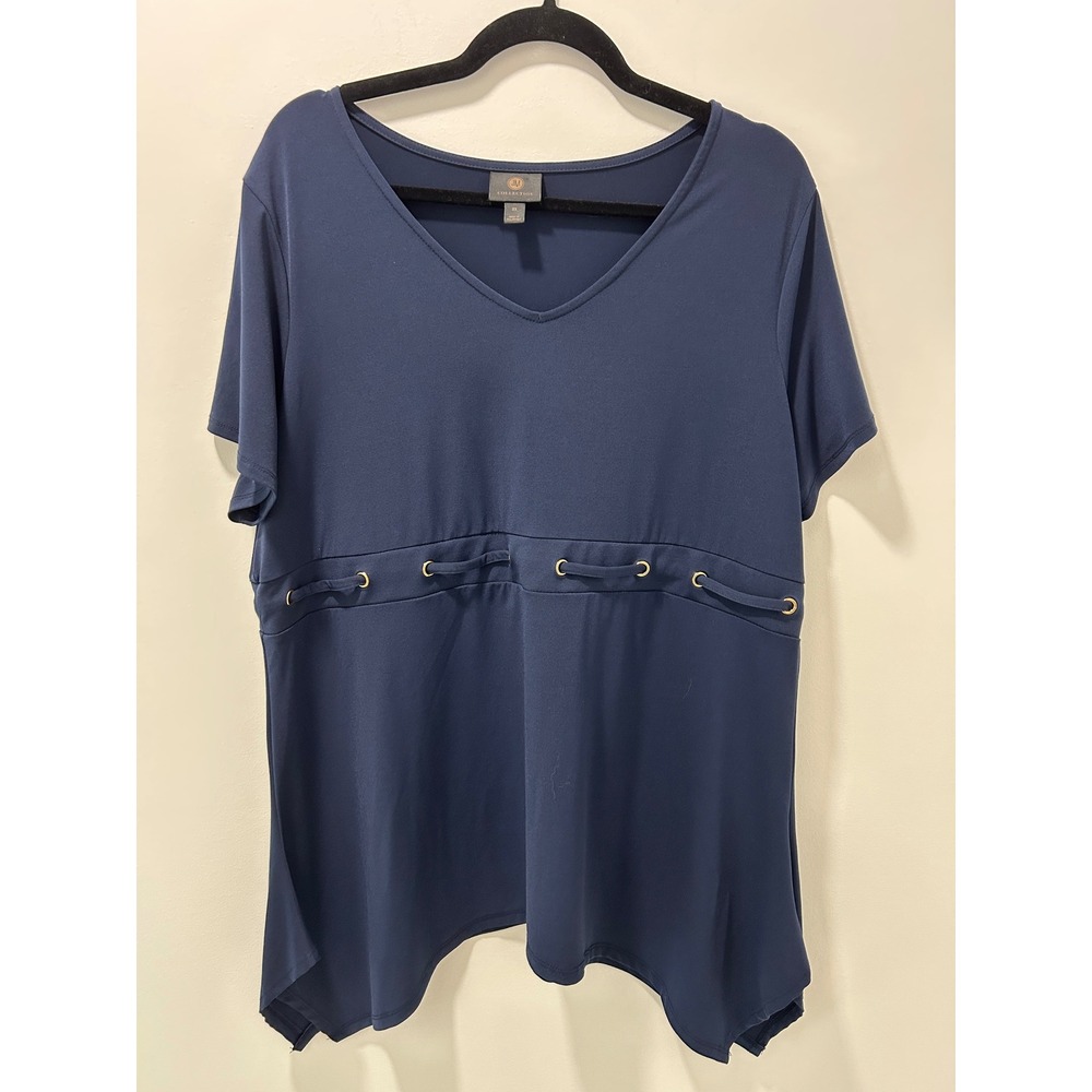JM Collection Navy Blue V-Neck Handkerchief Hem Top Grommet Detail 2X Womens
